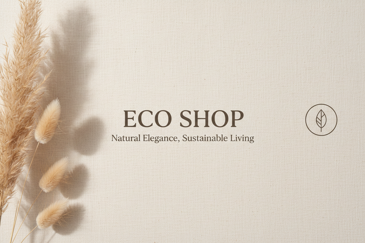 "A simple and calm design with soft, natural colors, including beige tones. A clean and modern look that reflects sustainability and highlights the identity of Eco Shop."